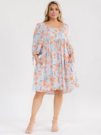 PLUS SIZE SHORT SLEEVE SQUARE NECK FRONT POCKETS FLORAL TUNIC MINI DRESS