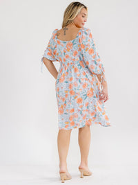 PLUS SIZE SHORT SLEEVE SQUARE NECK FRONT POCKETS FLORAL TUNIC MINI DRESS