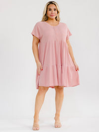PLUS SIZE SHORT SLEEVE BUTTON UP TIERED TUNIC MINI DRESS