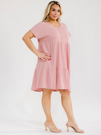 PLUS SIZE SHORT SLEEVE BUTTON UP TIERED TUNIC MINI DRESS