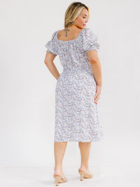 PLUS SIZE SHORT SLEEVE SQUARE NECK FRONT POCKETS FLORAL MIDI DRESS