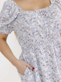 PLUS SIZE SHORT SLEEVE SQUARE NECK FRONT POCKETS FLORAL MIDI DRESS