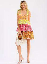 WOMEN'S SLEEVELESS SMOCK TIERED RUFFLE FLORAL MINI DRESS