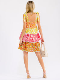 WOMEN'S SLEEVELESS SMOCK TIERED RUFFLE FLORAL MINI DRESS