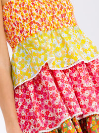 WOMEN'S SLEEVELESS SMOCK TIERED RUFFLE FLORAL MINI DRESS