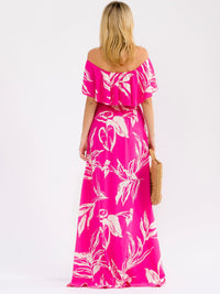 WOMEN'S OFF SHOULDER SHORT SLEEVE SMOCK WAIST SIDE SLIT FLORAL MAXI DRESS