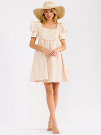 WOMEN'S SHORT PUFF SLEEVE SQUARE NECK SMOCK FLORAL MINI DRESS