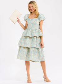WOMEN'S SHORT PUFF SLEEVE SQUARE NECK RUFFLE TIERED FLORAL MIDI DRESS