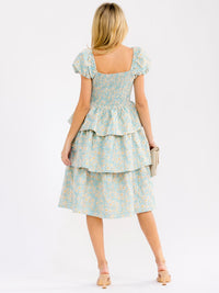 WOMEN'S SHORT PUFF SLEEVE SQUARE NECK RUFFLE TIERED FLORAL MIDI DRESS