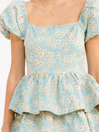 WOMEN'S SHORT PUFF SLEEVE SQUARE NECK RUFFLE TIERED FLORAL MIDI DRESS