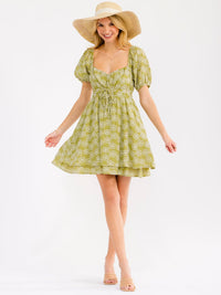 WOMEN'S SHORT PUFF SLEEVE ELASTIC WAIST FLORAL STITCHED MINI DRESS