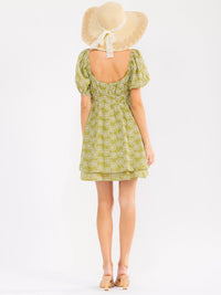 WOMEN'S SHORT PUFF SLEEVE ELASTIC WAIST FLORAL STITCHED MINI DRESS