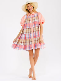 WOMEN'S SHORT PUFF SLEEVE FRONT POCKETS BUTTON UP PLAID MINI DRESS