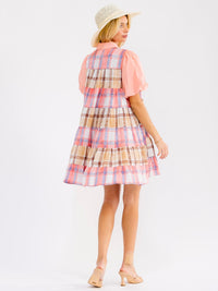 WOMEN'S SHORT PUFF SLEEVE FRONT POCKETS BUTTON UP PLAID MINI DRESS