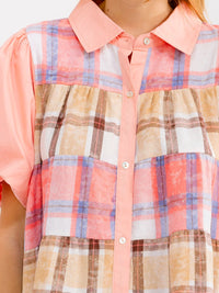 WOMEN'S SHORT PUFF SLEEVE FRONT POCKETS BUTTON UP PLAID MINI DRESS