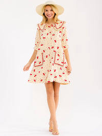 WOMEN'S SHORT SLEEVE BUTTON UP FRONT POCKETS CHERRY PRINT MINI DRESS
