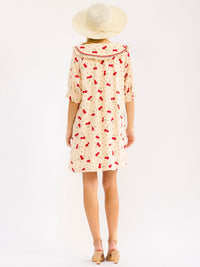 WOMEN'S SHORT SLEEVE BUTTON UP FRONT POCKETS CHERRY PRINT MINI DRESS
