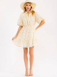 WOMEN'S SHORT PUFF SLEEVE BUTTON UP ELASTIC WAIST FLORAL MINI DRESS