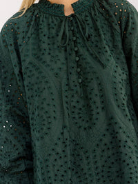 WOMEN'S LONG SLEEVE BUTTON UP FRONT POCKETS EYELET MINI DRESS
