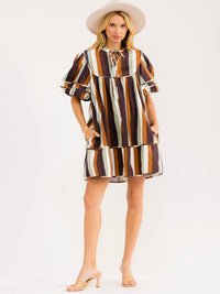 WOMEN'S SHORT PUFF SLEEVE V-NECK FRONT POCKETS COLORBLOCK STRIPES DENIM MINI DRESS
