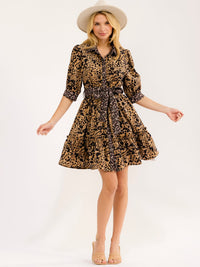 WOMEN'S SHORT PUFF SLEEVE BUTTON UP FRONT POCKETS SELF TIE ANIMAL PRINT MINI DRESS