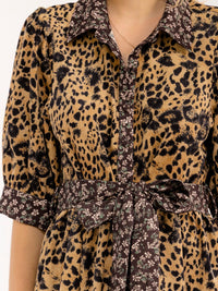 WOMEN'S SHORT PUFF SLEEVE BUTTON UP FRONT POCKETS SELF TIE ANIMAL PRINT MINI DRESS