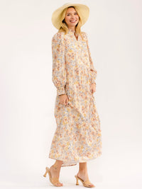 WOMEN'S LONG SLEEVE V-NECK BUTTON UP TIERED FLORAL MAXI DRESS