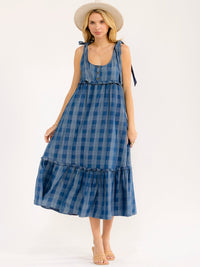 WOMEN'S SLEEVELESS TIERED CHECKERS PRINT DENIM MAXI DRESS