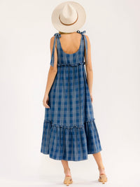 WOMEN'S SLEEVELESS TIERED CHECKERS PRINT DENIM MAXI DRESS