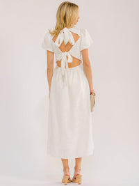 WOMEN'S SHORT PUFF SLEEVE SQUARE NECK FIT & FLARE OPEN BACK MAXI DRESS