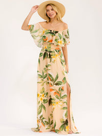 WOMEN'S OFF SHOULDER SHORT SLEEVE SMOCK WAIST SIDE SLIT FLORAL MAXI DRESS