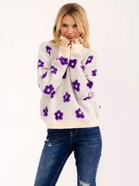 WOMEN'S LONG SLEEVE ZIP UP COLORBLOCK FLOWERS PULLOVER SWEATER