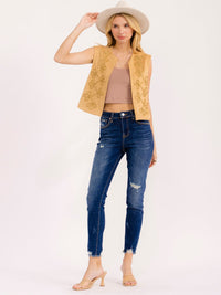 WOMEN'S SLEEVELESS OPEN FRONT STICHED DETAILED VELVET VEST