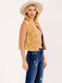 WOMEN'S SLEEVELESS OPEN FRONT STICHED DETAILED VELVET VEST