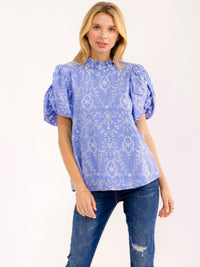 WOMEN'S SHORT PUFF SLEEVE MOCK NECK EYELET BLOUSE