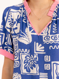 WOMEN'S SHORT SLEEVE V-NECK MULTI PRINT STRIPES BLOUSE