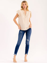 WOMEN'S SHORT RUFFLE SLEEVE V-NECK POLKA DOTS STRIPES BLOUSE