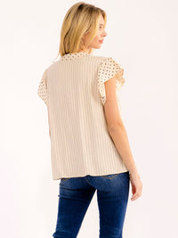 WOMEN'S SHORT RUFFLE SLEEVE V-NECK POLKA DOTS STRIPES BLOUSE