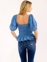WOMEN'S SHORT PUFF SLEEVE SQUARE NECK SMOCK PEPLUM CHAMBRAY BLOUSE