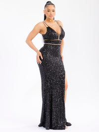 WOMEN'S SLEEVELESS V-NECK FRONT SLIT SEQUINS MAXI GOWN DRESS