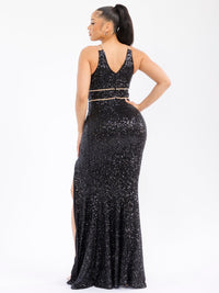 WOMEN'S SLEEVELESS V-NECK FRONT SLIT SEQUINS MAXI GOWN DRESS