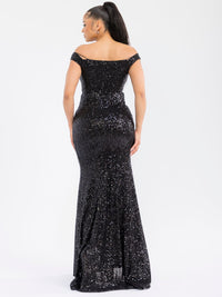 WOMEN'S OFF SHOULDER FRONT SLIT MESH SEQUINS MAXI GOWN DRESS