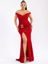 WOMEN'S OFF SHOULDER FRONT SLIT MESH SEQUINS MAXI GOWN DRESS