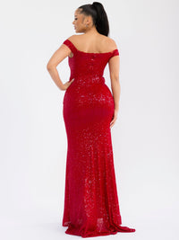 WOMEN'S OFF SHOULDER FRONT SLIT MESH SEQUINS MAXI GOWN DRESS