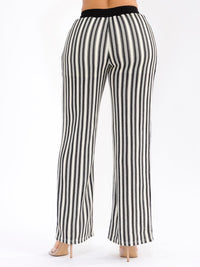 WOMEN'S ELASTIC WAIST COLORBLOCK STRIPES CROCHET WIDE LEG PANTS
