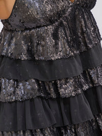 WOMEN'S SLEEVELESS V-NECK RUFFLE TIERED SEQUINS MINI DRESS