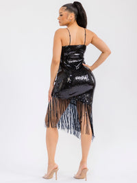 WOMEN'S SLEEVELESS FRINGE BOTTOM HEM SEQUINS BODYCON MINI DRESS