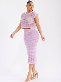 WOMEN'S SHORT SLEEVE TOP & ELASTIC WAIST MAXI SKIRT CROCHET 2PC. SET