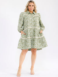 PLUS SIZE 3/4 SLEEVE BUTTON UP FRONT FRONT POCKETS FLORAL PRINT MINI DRESS