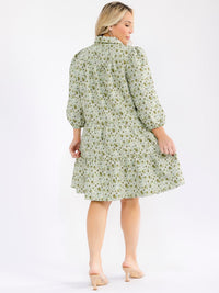 PLUS SIZE 3/4 SLEEVE BUTTON UP FRONT FRONT POCKETS FLORAL PRINT MINI DRESS